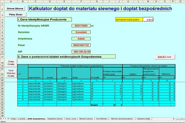 Arkusz kalkulacyjny posiadający dodatkowe programy pozwala na dodawanie działek ewidencyjnych wraz z informacją o jej położeniu i powierzchni. Dodatkowo możemy wprowadzić dla każdej działki informacje o powierzchni niezgłoszonej i zalesionej. Kalkulacja dopłat