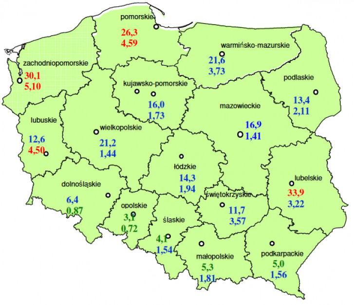 Powierzchnia uprawy roślin bobowatych w 2014 r. (in. strączkowych) (tys. ha) i udział w strukturze zasiewów wg IUNG. Przy czym (%) na górze powierzchnia, a na dole udział