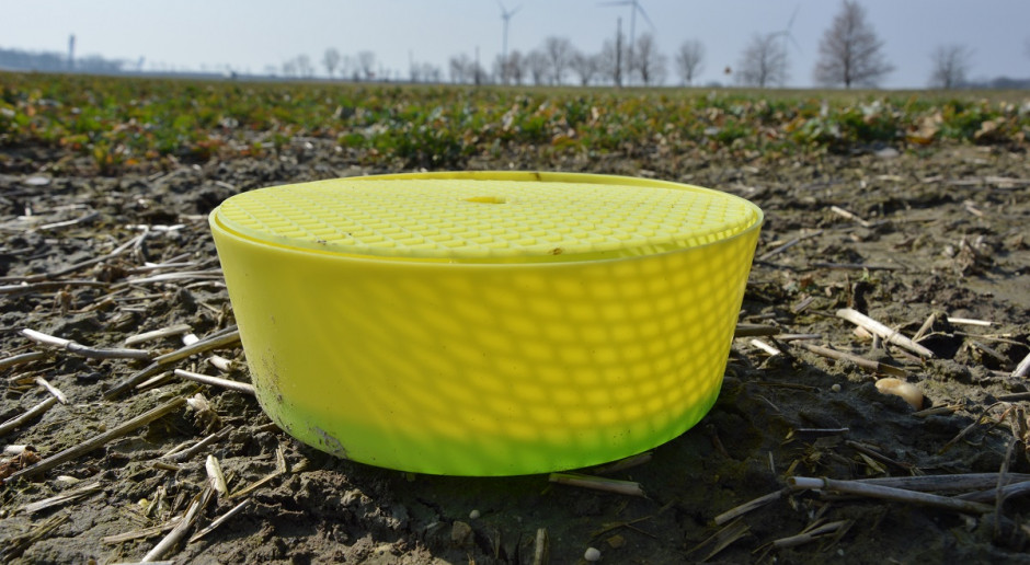 Żółte naczynie w okresie wczesnej wiosny, kiedy w nocy możliwe są spadki temperatur poniżej 0°C wypełnia się zimowym płynem do spryskiwaczy; Fot. Katarzyna Szulc Kontroluj nalot szkodników żółtymi naczyniami