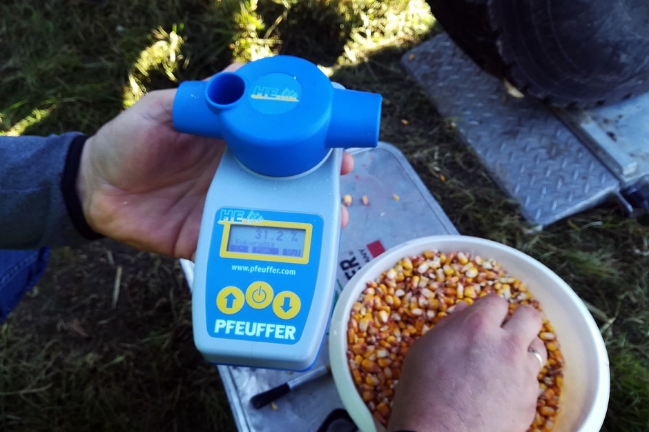 Mierzenie wilgotności ziarna kukurydzy podczas XIX Dni Kukurydzy w Skrzelewie; Fot. Anna Kobus