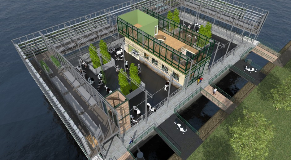 Jak wskazano, gospodarstwo na wodzie, w rotterdamskim Merwehaven, powstaje przy udziale holenderskiej firmy Beladon działającej w branży nieruchomości Pierwsza na świecie pływająca farma mleczna ruszy w tym roku w Rotterdamie