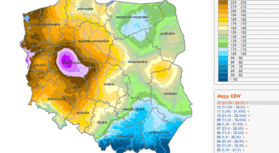 Klimatyczny Bilans Wodny (KBW) Rok: 2018; okres: 13 (21.VII - 20.IX), fot. IUNG IUNG: Susza nadal w buraku, ziemniaku, ale i też młodym rzepaku