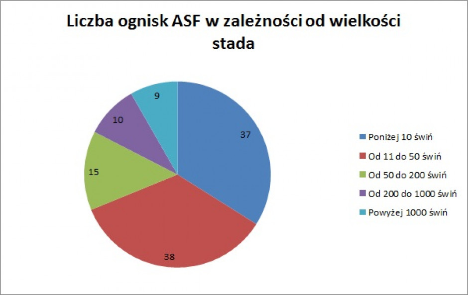 Liczba ognisk ASF potwierdzonych w 2018 roku w zależności od wielkości stada