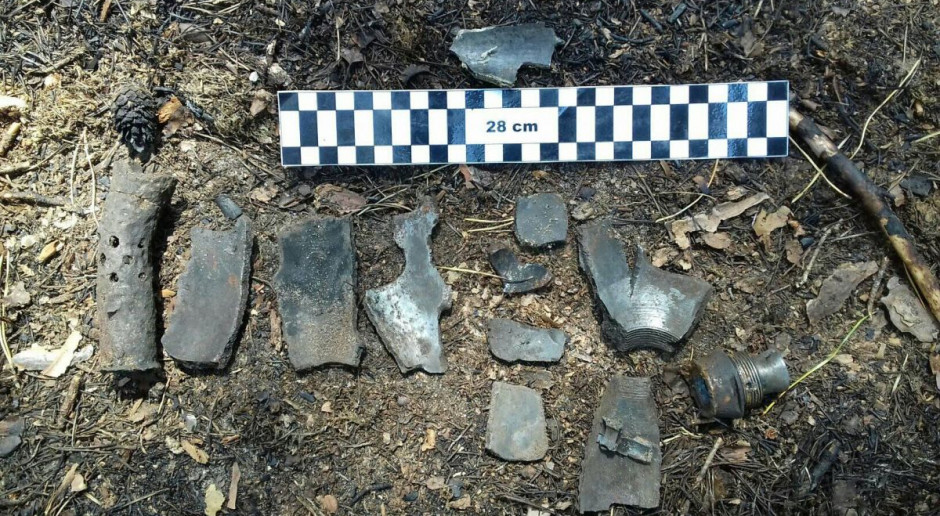 Odłamki rozerwanego granatu zebrane przez saperów, Fot. Patrol Saperski Bolesławiec Niewybuch eksplodował w czasie gaszenia pożaru lasu