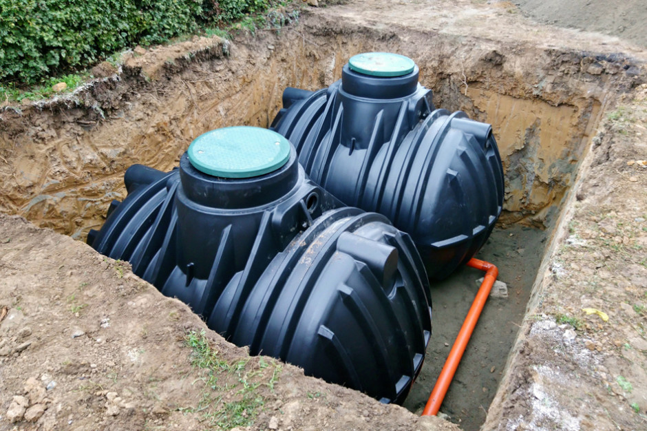 Dwa plastikowe podziemne zbiorniki magazynowe umieszczone pod ziemią do zbierania wody deszczowej, fot. Shutterstock