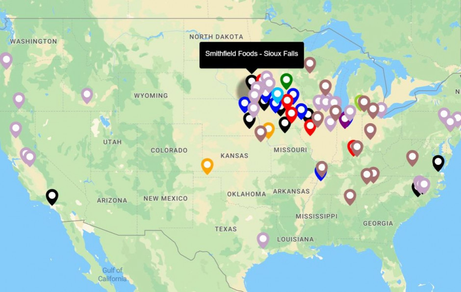 Widok lokalizacji zakładów mięsnych w USA. fot. story.mapme.com