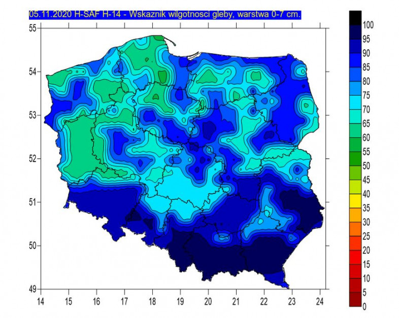 Wskaźnik wilgotności 0-7 cm, Źródło: IMGW-PIB