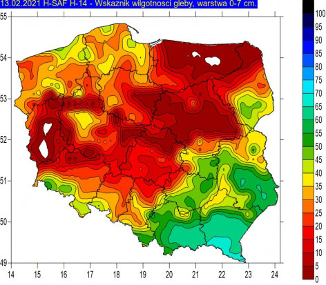 Rys. 2. Wskaźnik wilgotności gleby na głębokości 0-7cm w dniu 13 lutego 2021 r. na podstawie obrazów satelitarnych. W okresie zimowym wartości zbliżone do zera (kolor biały i czerwony) oznaczają przemarznięcie gleby. Źródło: IMGW-PIB