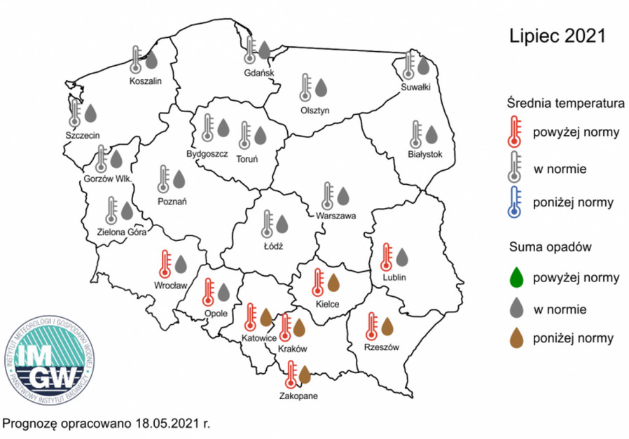 Rys. 1. Prognoza średniej miesięcznej temperatury powietrza i miesięcznej sumy opadów atmosferycznych na lipiec 2021 r. dla wybranych miast w Polsce. Źródło: IMGW-PiB