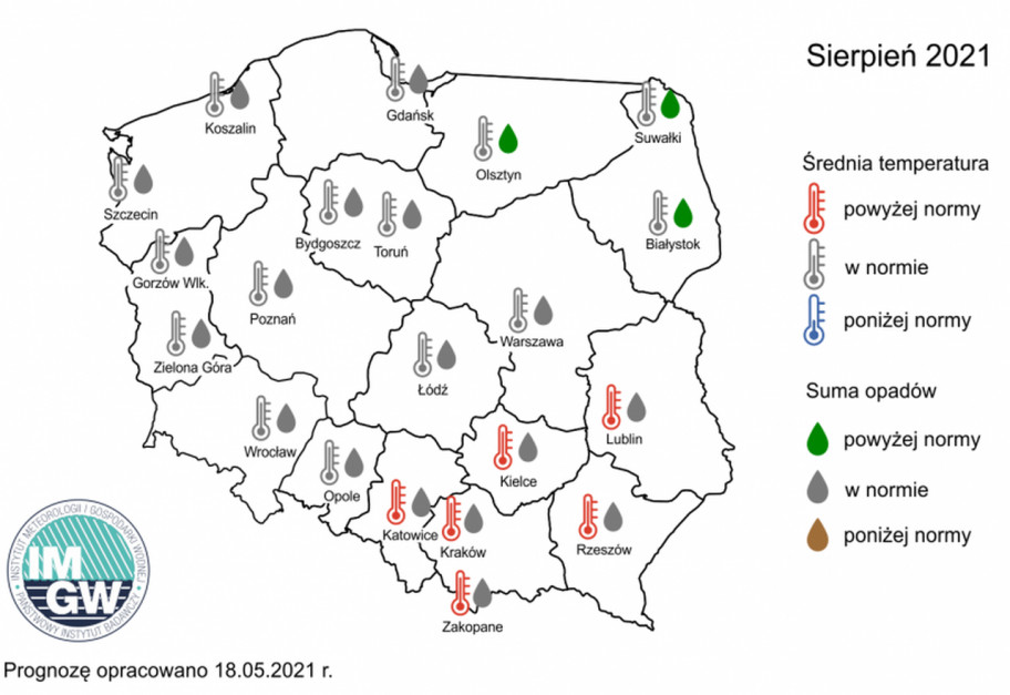 Rys. 2. Prognoza średniej miesięcznej temperatury powietrza i miesięcznej sumy opadów atmosferycznych na sierpień 2021 r. dla wybranych miast w Polsce. Źródło: IMGW-PiB