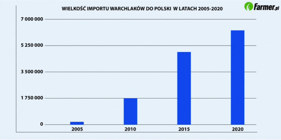 Zmiany wielkości importu prosiąt w latach 2005-2020 (Źródło: Eurostat)