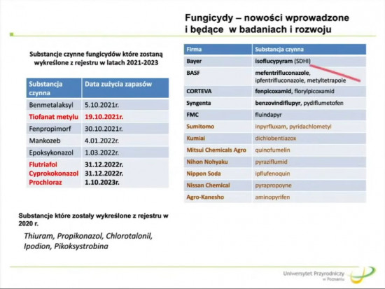 Zmiany wśród substancji czynnych fungicydów (slajd z konferencji).