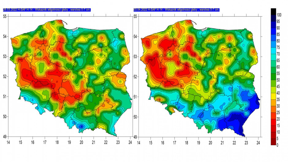 Zmiany wilgotność gleby w wierzchniej warstwie (0-7 cm) na przełomie kilku ostatnich dni (od 28.03-03.04.2022r.) źródło:agrometeo.imgw.pl
