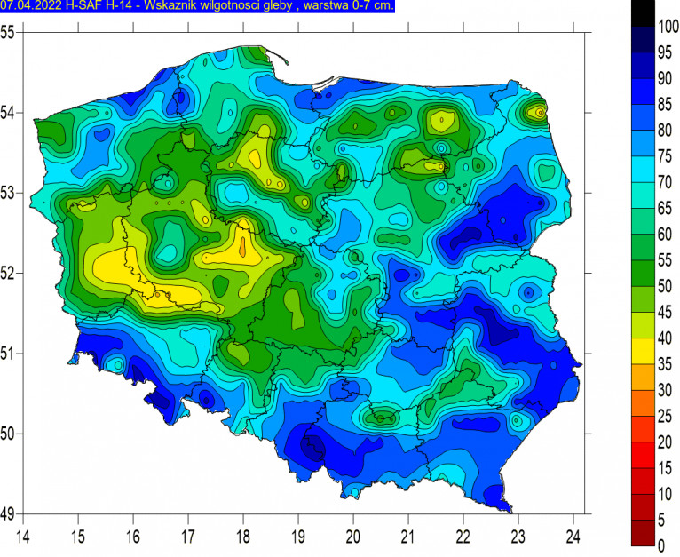 Aktualna wilgotność gleby w warstwie 0-7 cm agrometeo.imgw.pl