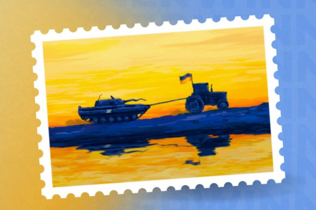 Ciągnik holujący czołg na ukraińskim znaczku pocztowym