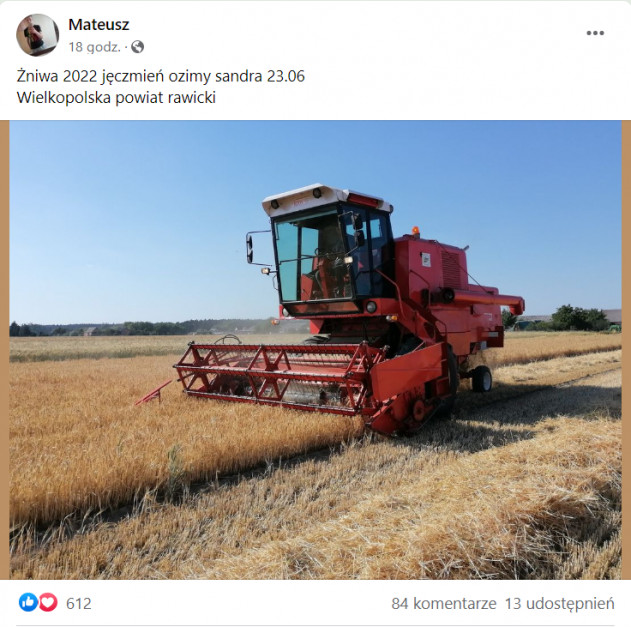 Żniwa jęczmienia ozimego w Wielkopolsce, fot. facebook, grupa poświęcona rolnictwu