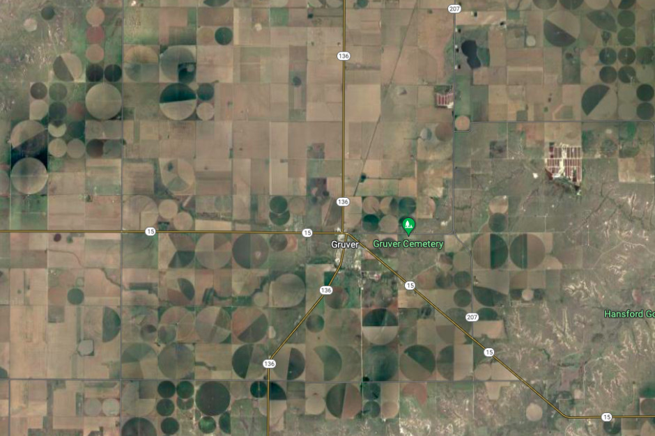 ZW ramach wymiany młodych rolników między Polską a Teksasem trafiłam do miejscowości Gruver, która znajduje się w najdalej wysuniętym na północ regionie, tzw. texas Panhandle, fot. Google