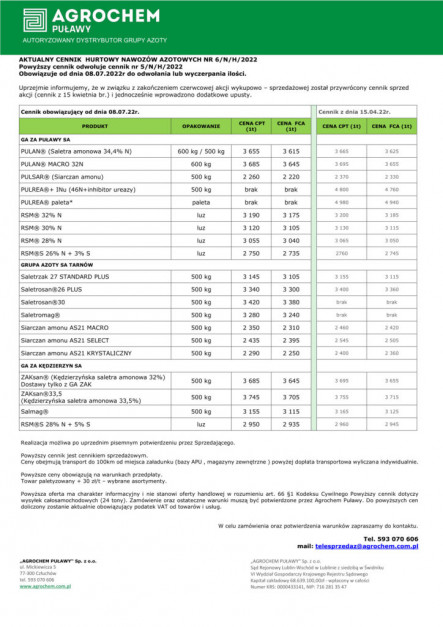 Cennik azotowy 08-07-2022, źródło Agrochem Puławy