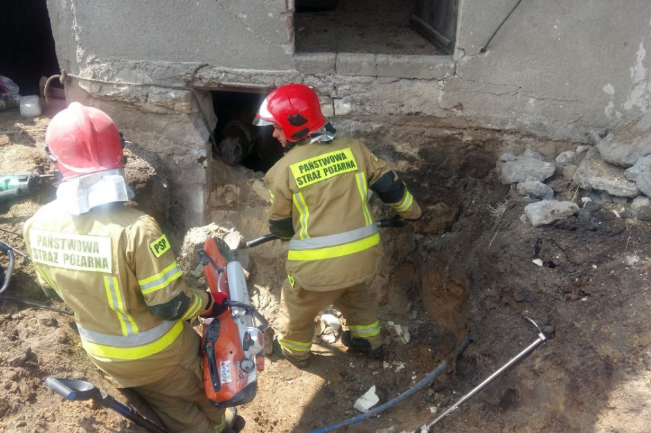 Strażacy odkopali fundamenty i wycięli w nich drzwi dla konia, Foto: PSP Kazimierza Wielka