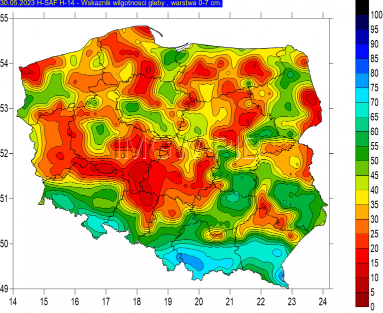 Wilgotność gleby na głębokości 0-7 cm oszacowana na dzień 30 maja br.. Obszary o wilgotności poniżej 30-40% wskazują na możliwy deficyt wody w strefie korzeniowej. Źródło: IMGW-PIB