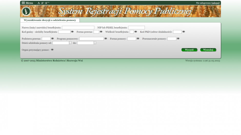 Ekran wyszukiwarki pomocy publicznej. Fot: Zrzut ekranu/SRPP